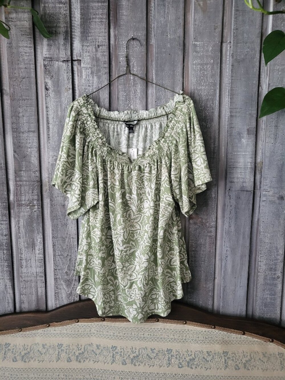 Olive Green Floral Off The Shoulder Top Smocked Blouse Plus Size 1X